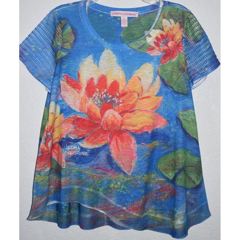 Leoma Lovegrove Medium Top Multicolor Tropical Floral Short Mesh Sleeves Artsy